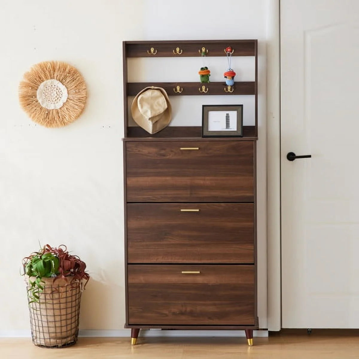 Brown Entryway Armoire Closet with 12 Hooks & 3 Shoe Cabinets U42820