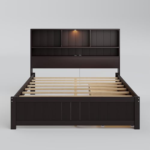 White Wood Twin Bed Frame with Bookcase Headboard and Storage Drawers D664396