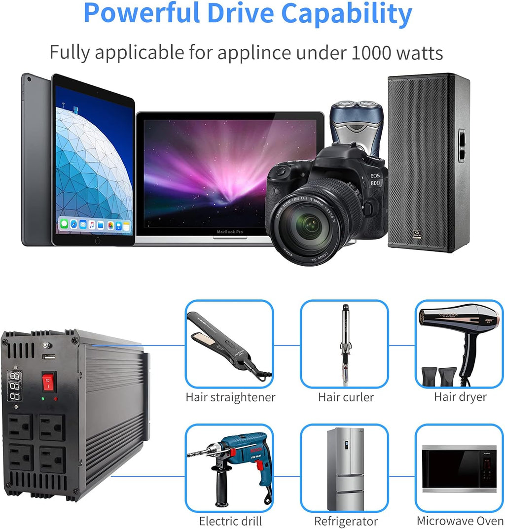 1000W Pure Sine Wave Power Inverter DC 12V to AC 110V with 4 AC Outlets and 1 USB Port T21906