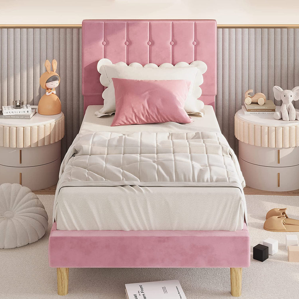Twin Bed Frame with Upholstered Headboard, Pink P271