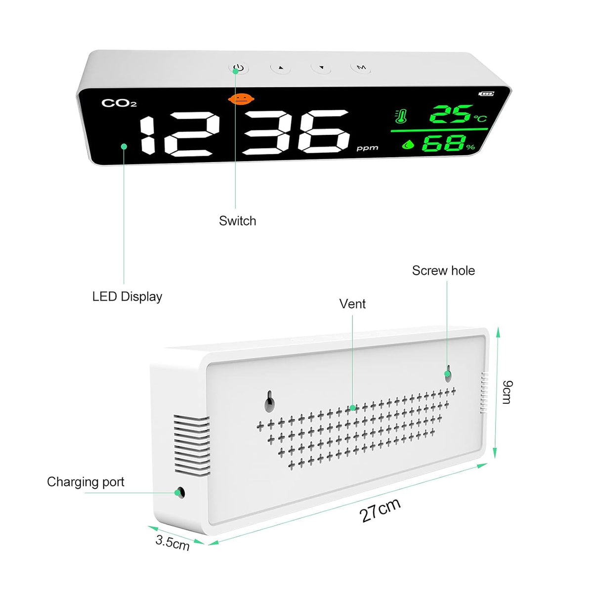 3-in-1 Air Quality Monitor Carbon Dioxide Detector Temperature Humidity Meter Q840487