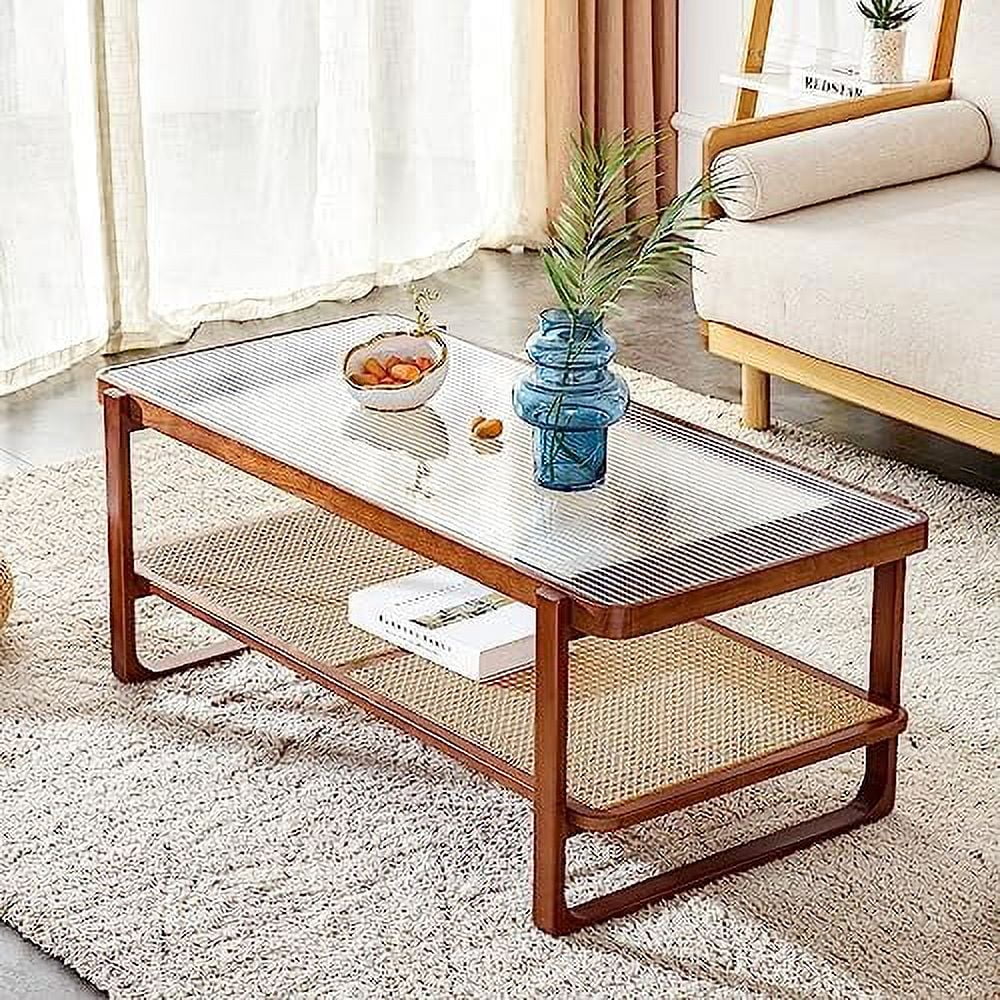 Modern Rattan Woven Glass Desktop Solid Wood Coffee Table Z370945