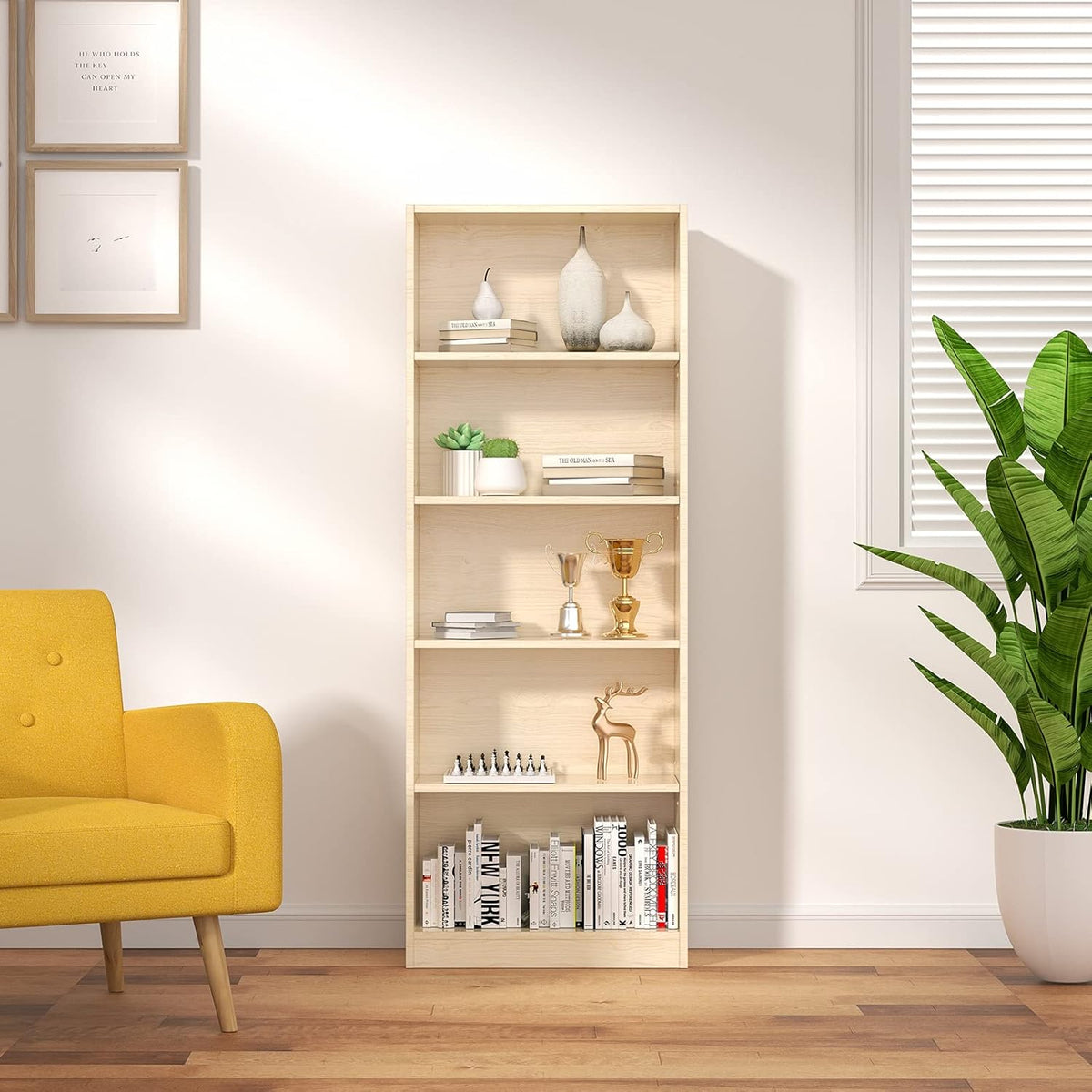 White 5 Tier Bookshelf with 3 Adjustable Shelves Z98310