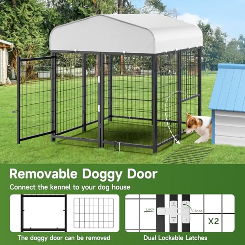 Outdoor Dog Kennel with Doggy Door, Swivel Feeder & Roof, 8x4x6 Large Heavy Duty Cage Enclosure P124058