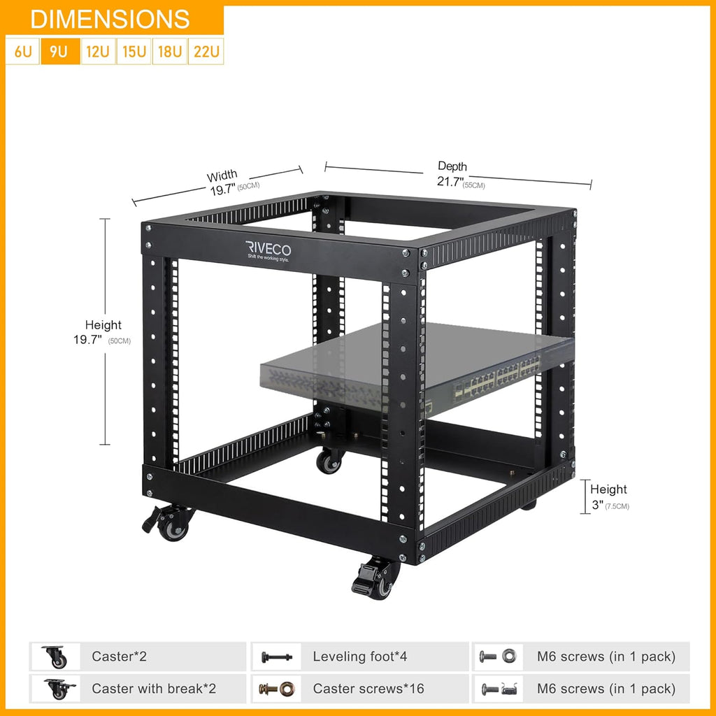 9U Open Frame Server Rack with Casters Black A8029