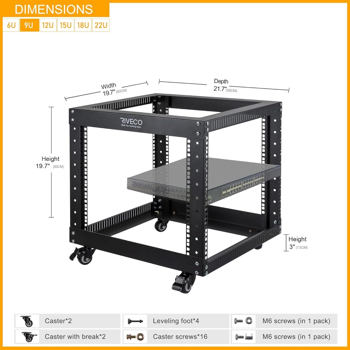 9U Open Frame Server Rack with Casters Black A8029