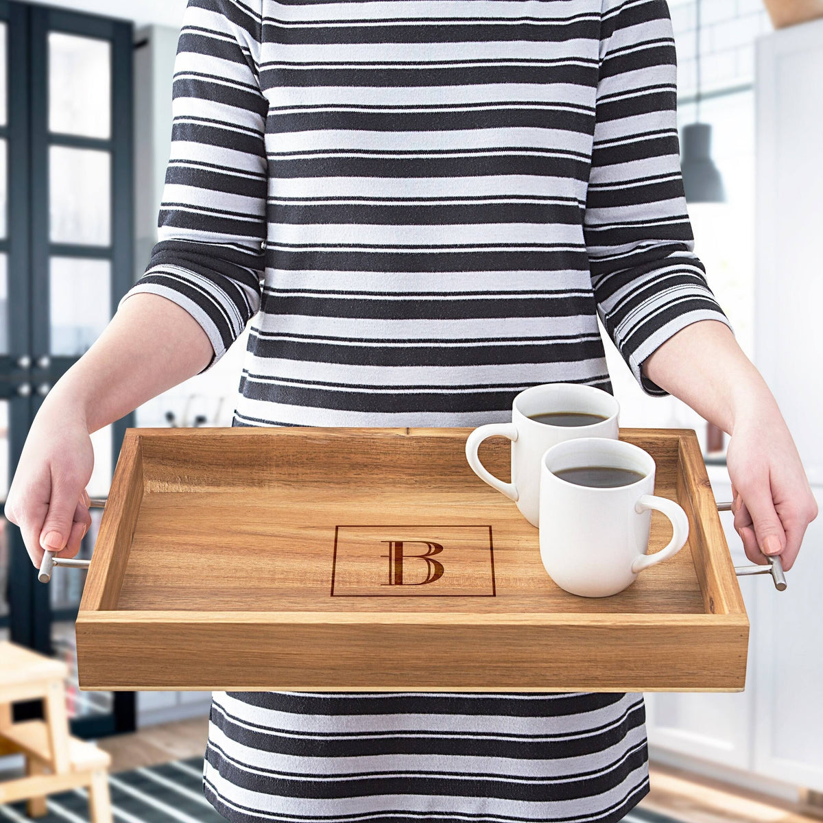 Acacia Tray with Metal Handles V8037