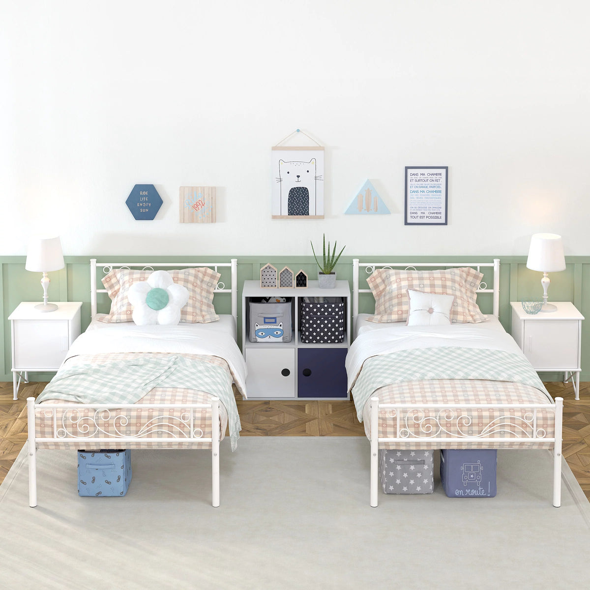 White Metal Twin Size Platform Bed Frame with Wave Headboard Y40340