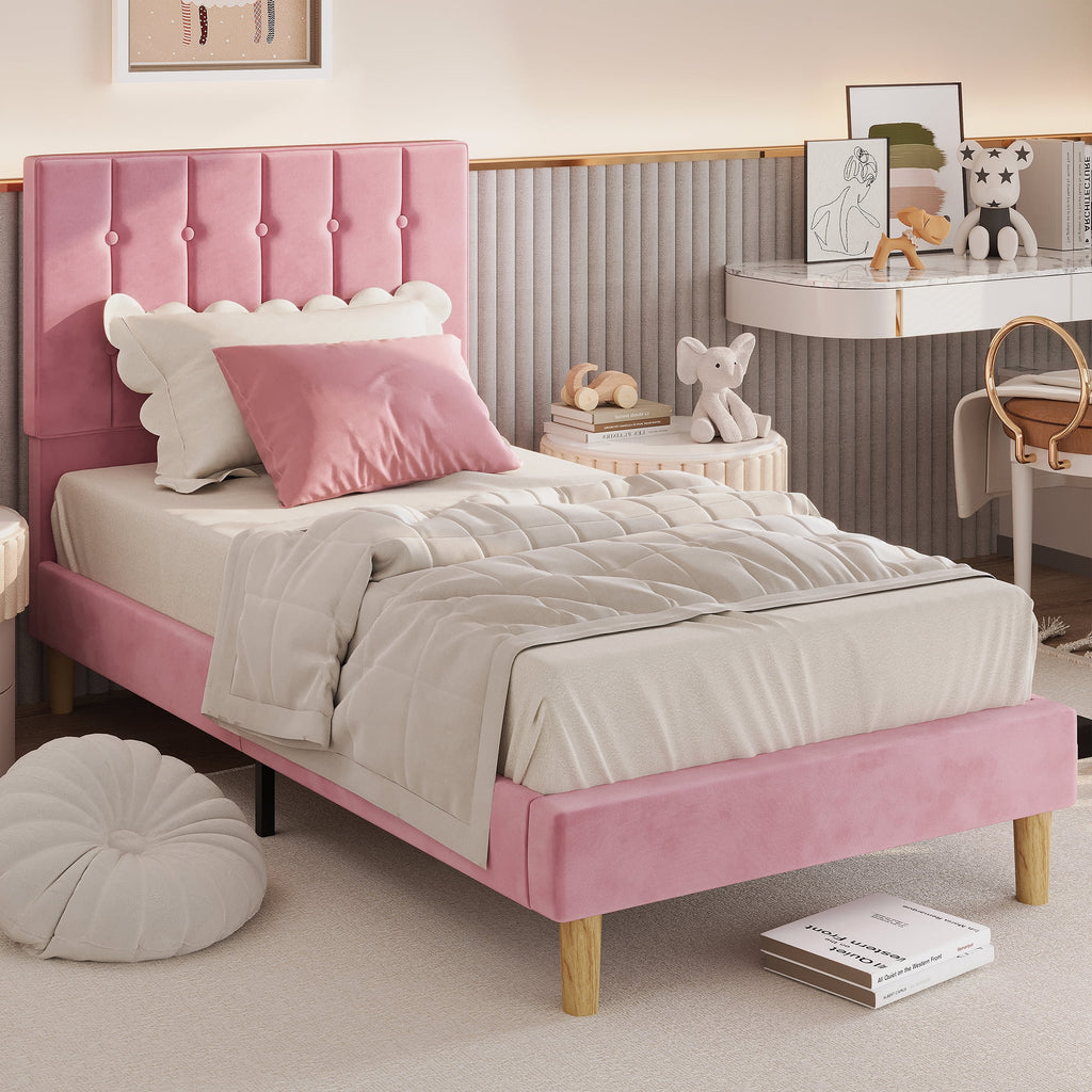 Twin Bed Frame with Upholstered Headboard, Pink P271