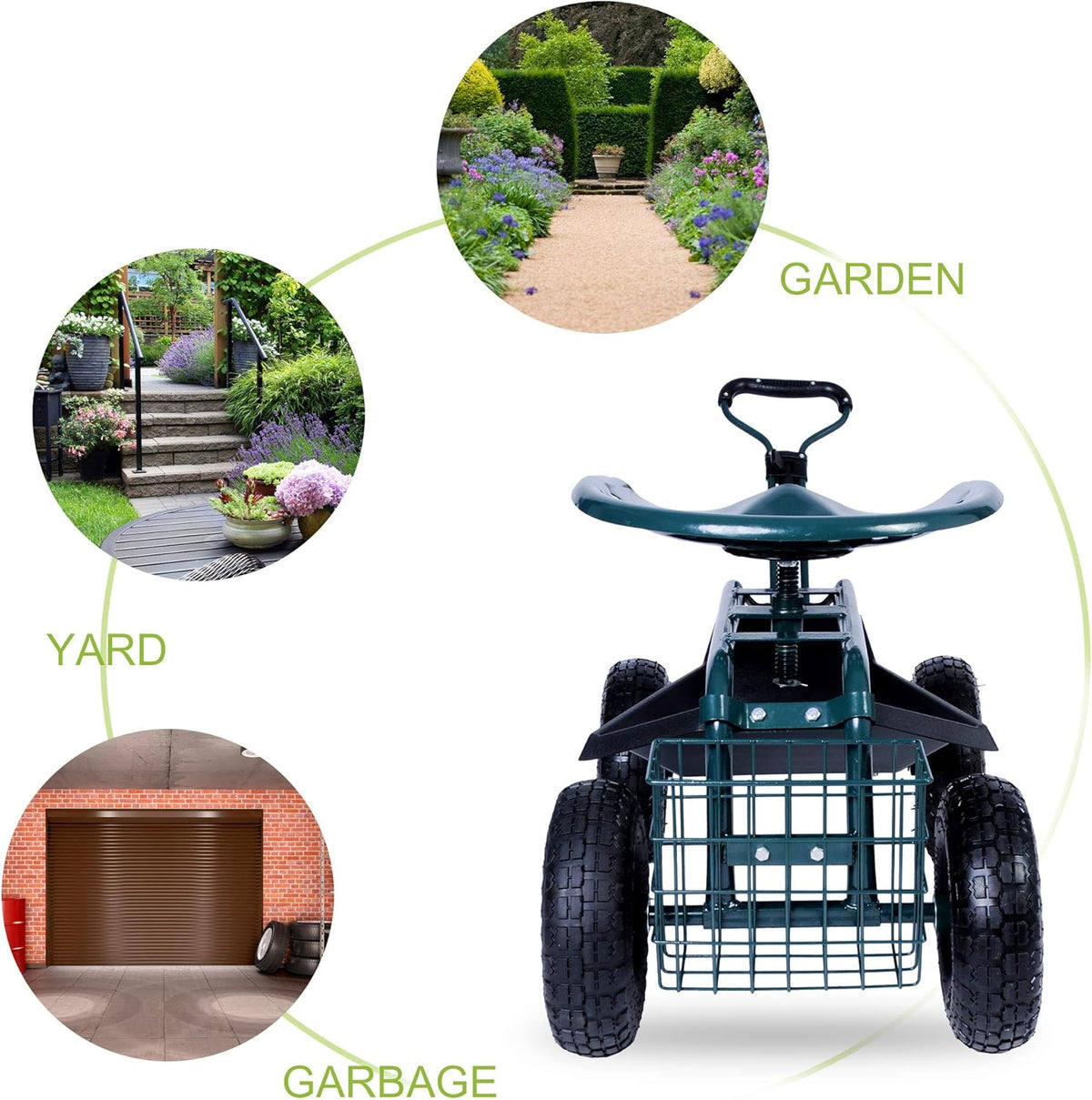 Green Steerable Garden Stool Cart with Tool Tray and Storage Basket on Wheels V455