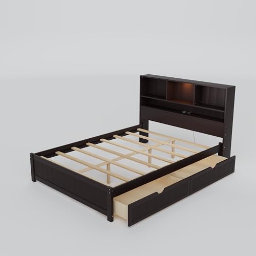 White Wood Twin Bed Frame with Bookcase Headboard and Storage Drawers D664396