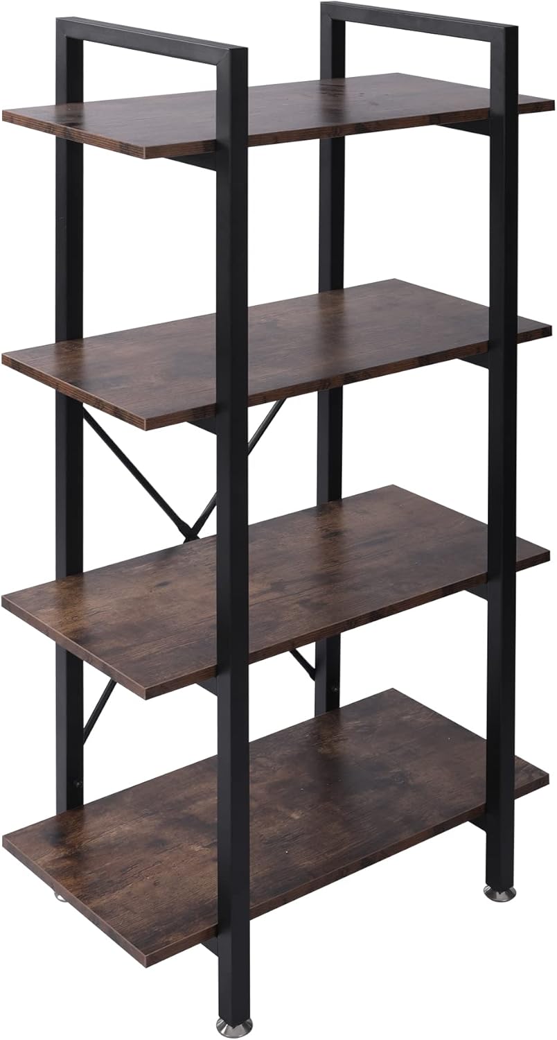 Industrial Bookshelf, 4 Tier Open Shelf Bookcase, Rustic Brown F85779