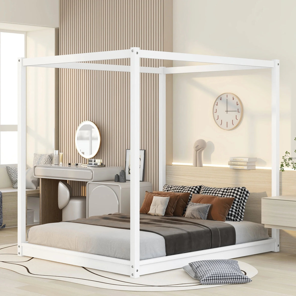 White Queen Size Wood Canopy Bed Frame with Headboard A257
