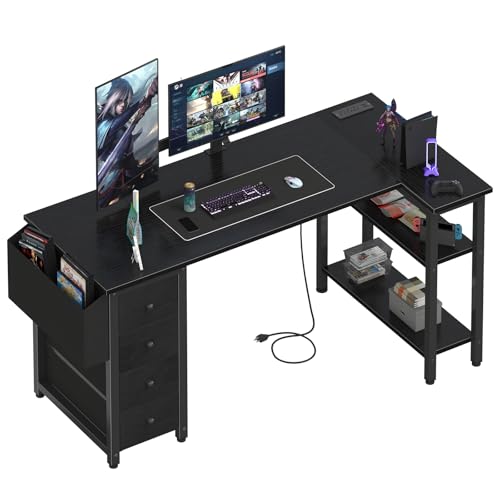 Black L Shaped Gaming Desk with Drawers & Storage Shelves, 47 Inch, Power Outlet T93844