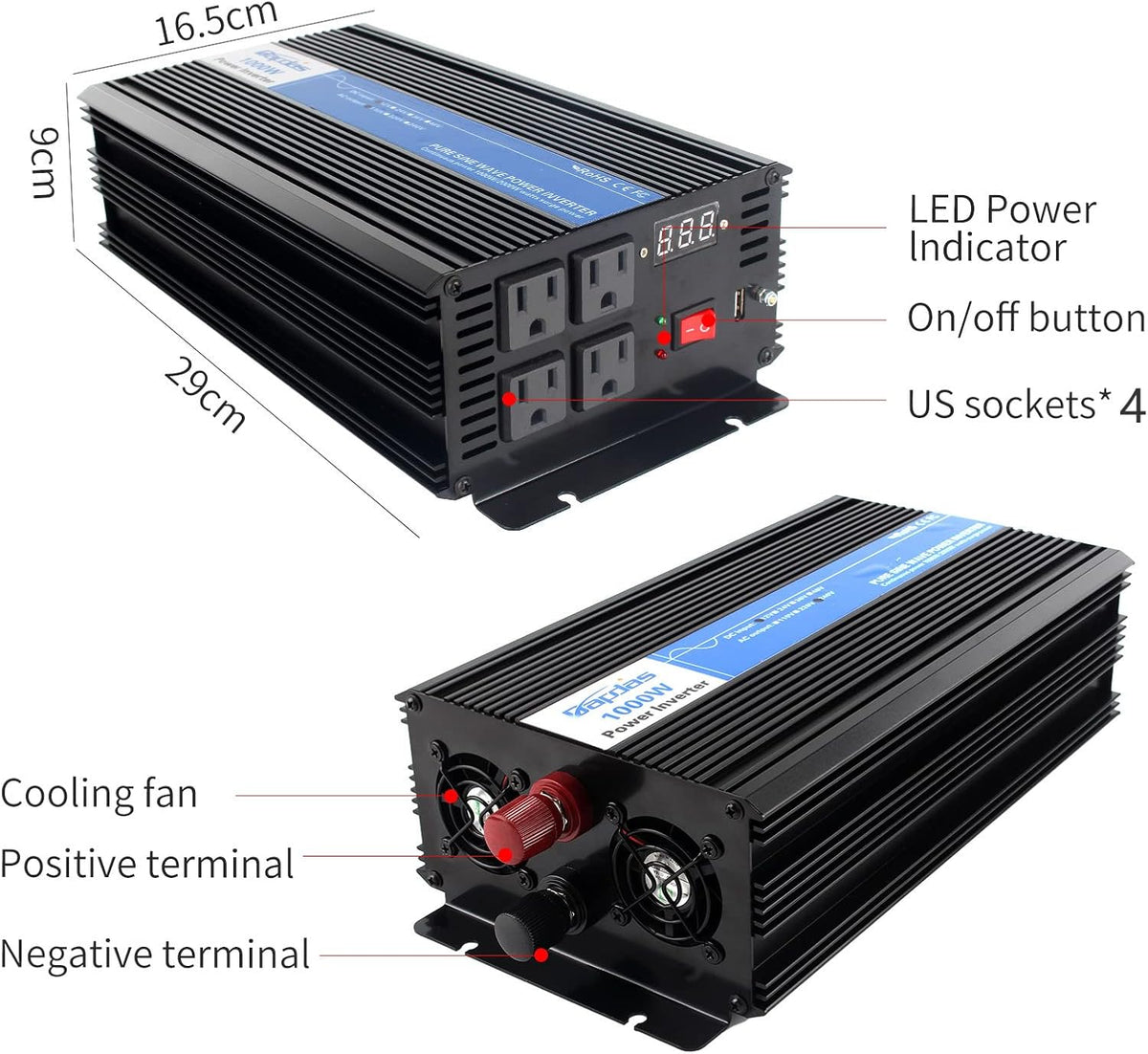 1000W Pure Sine Wave Power Inverter DC 12V to AC 110V with 4 AC Outlets and 1 USB Port T21906