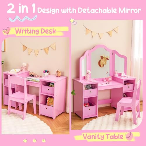 White Kids Vanity with Tri-fold Mirror N6296