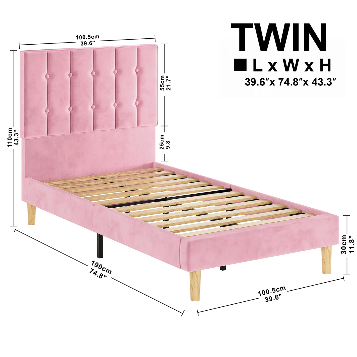 Twin Bed Frame with Upholstered Headboard, Pink P271