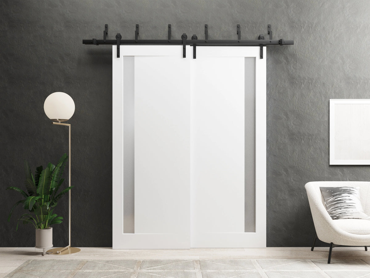 Solid French Double Doors 48 x 84 inches Matte Black with Frosted Glass Wood Solid Panel Frame Trims C176934