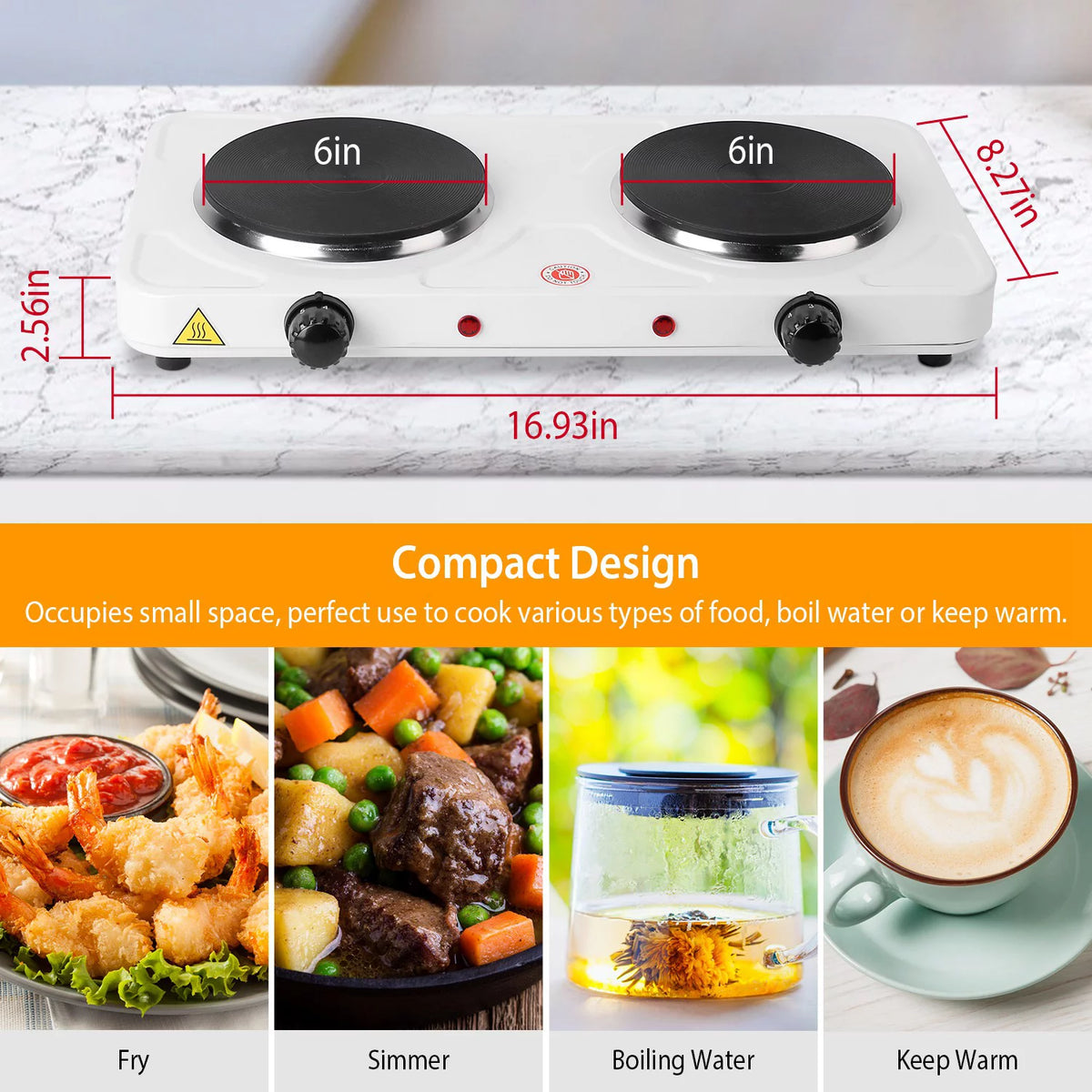 Electric Double Burner Portable Cooktop Countertop Dual Flat Burner Hot Plate Kitchen Cooker Stove with 5 Gear Temperature Control M5444