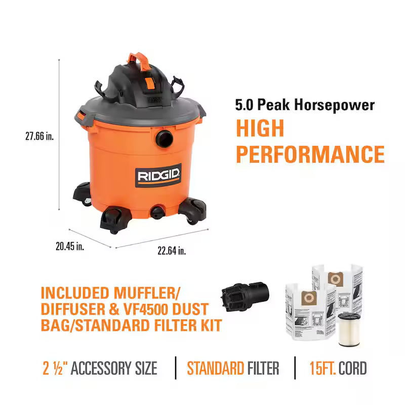 16 Gallon 5.0 Peak HP Wet/Dry Shop Vacuum with Filters, Dust Bags, Hose and Accessories P5996