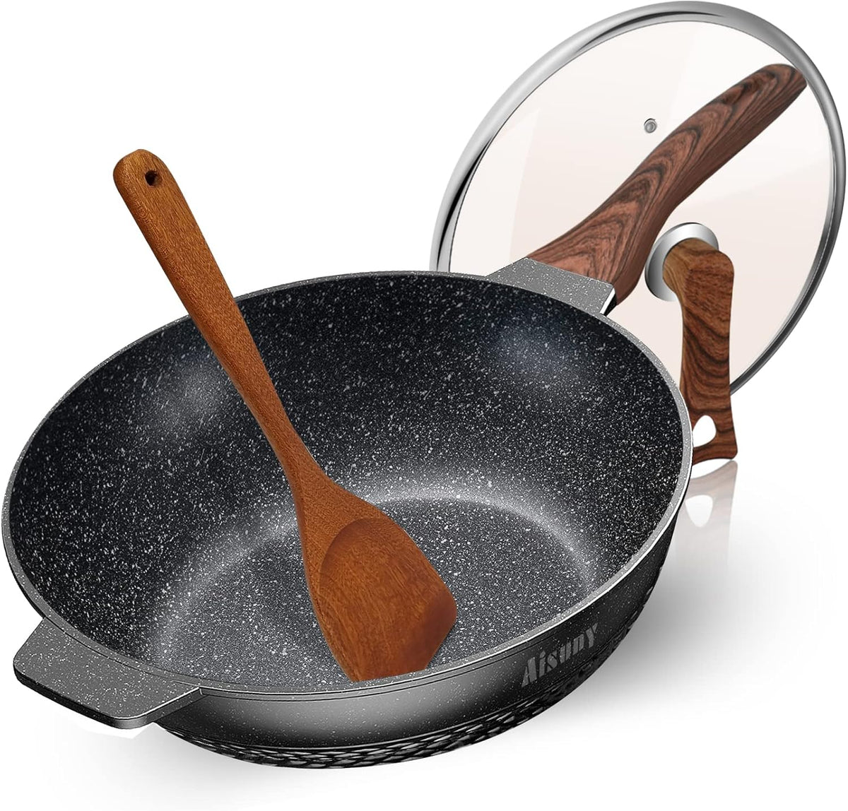 Nonstick Frying Pan with Lid and Wok Spatula, 12.5 Inch Cast Aluminum Skillet S80640