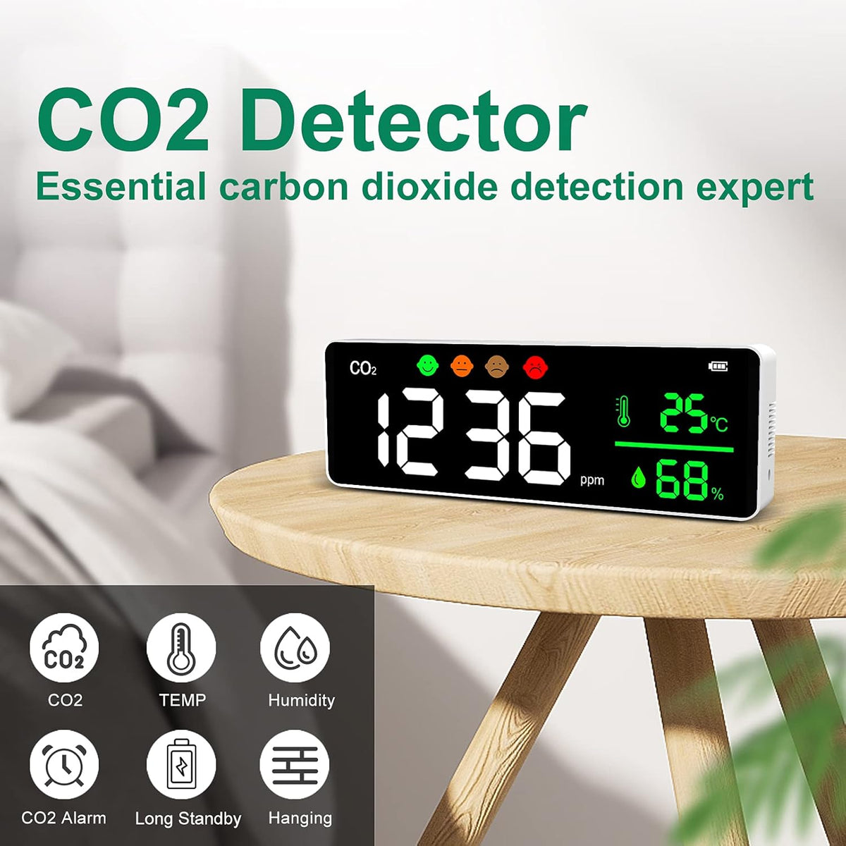 3-in-1 Air Quality Monitor Carbon Dioxide Detector Temperature Humidity Meter Q840487