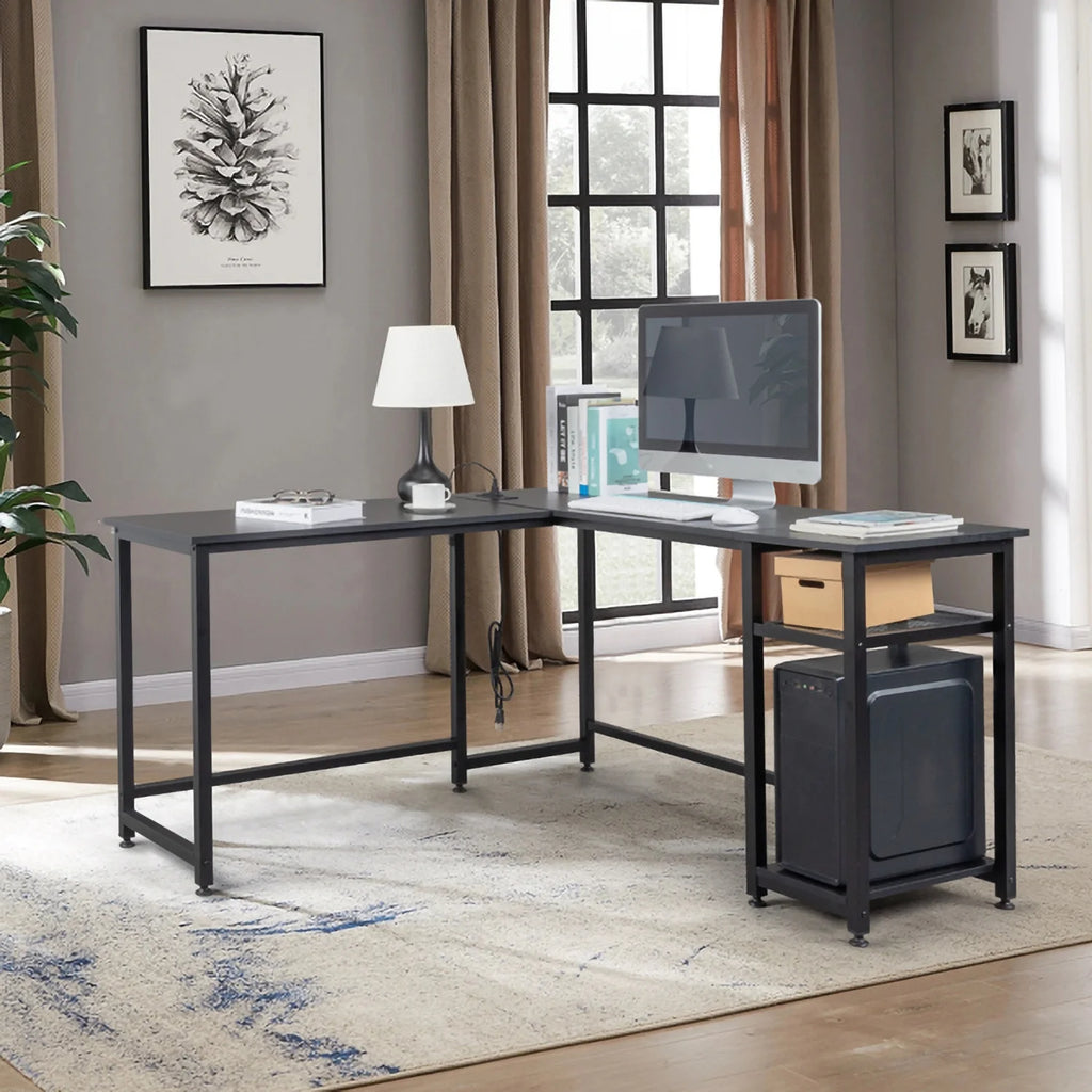 L-Shaped Computer Desk with Power Outlets & Shelf I775