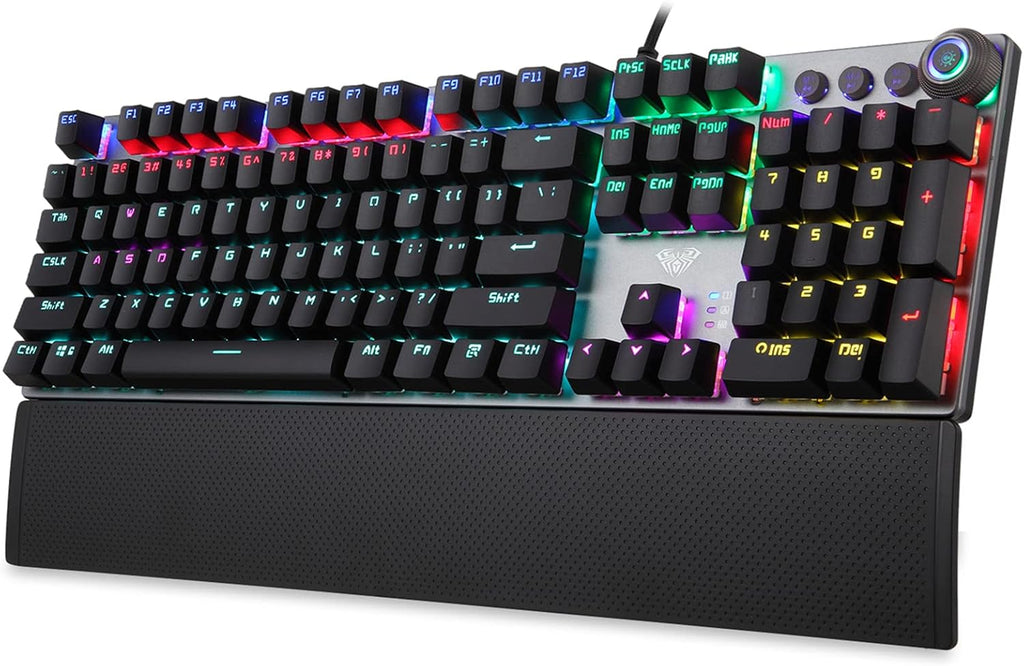 PC Gaming Keyboard with Detachable Hand Rest, White LED Backlit, 104-Keys USB Wired Mechanical Keyboard W82305