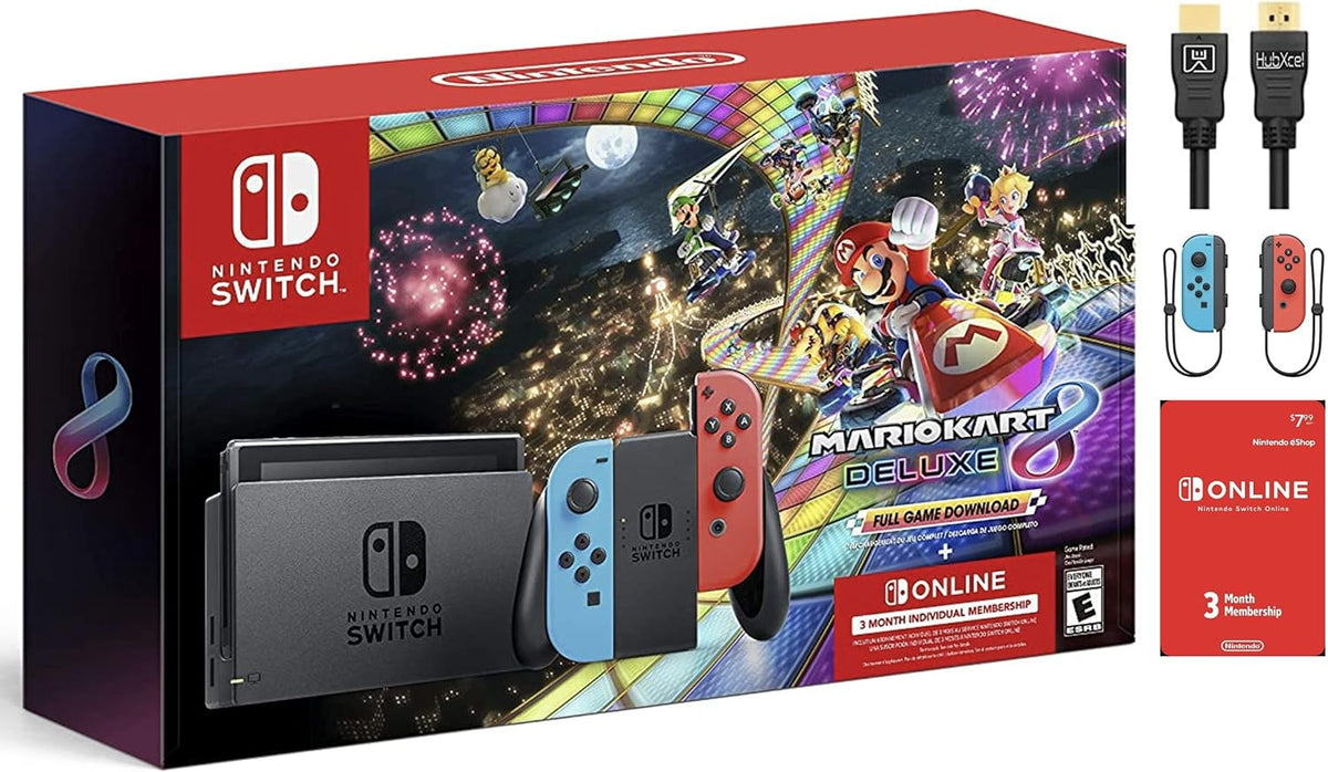 Neon Blue and Neon Red Nintendo Switch Console with Mario Kart 8 Deluxe and 3 Month Switch Online Membership B39541