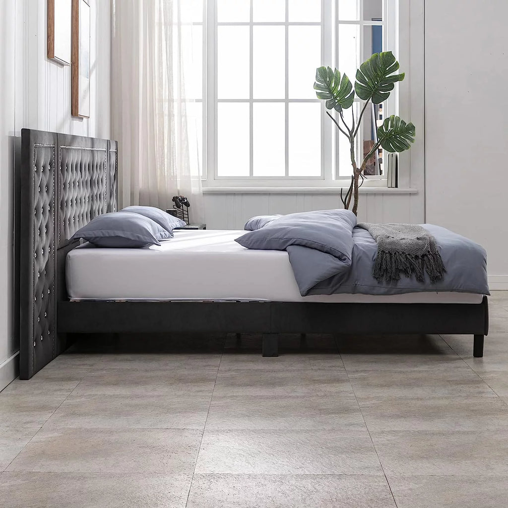 Dark Grey Velvet Upholstered Queen Size Bed Frame C55644