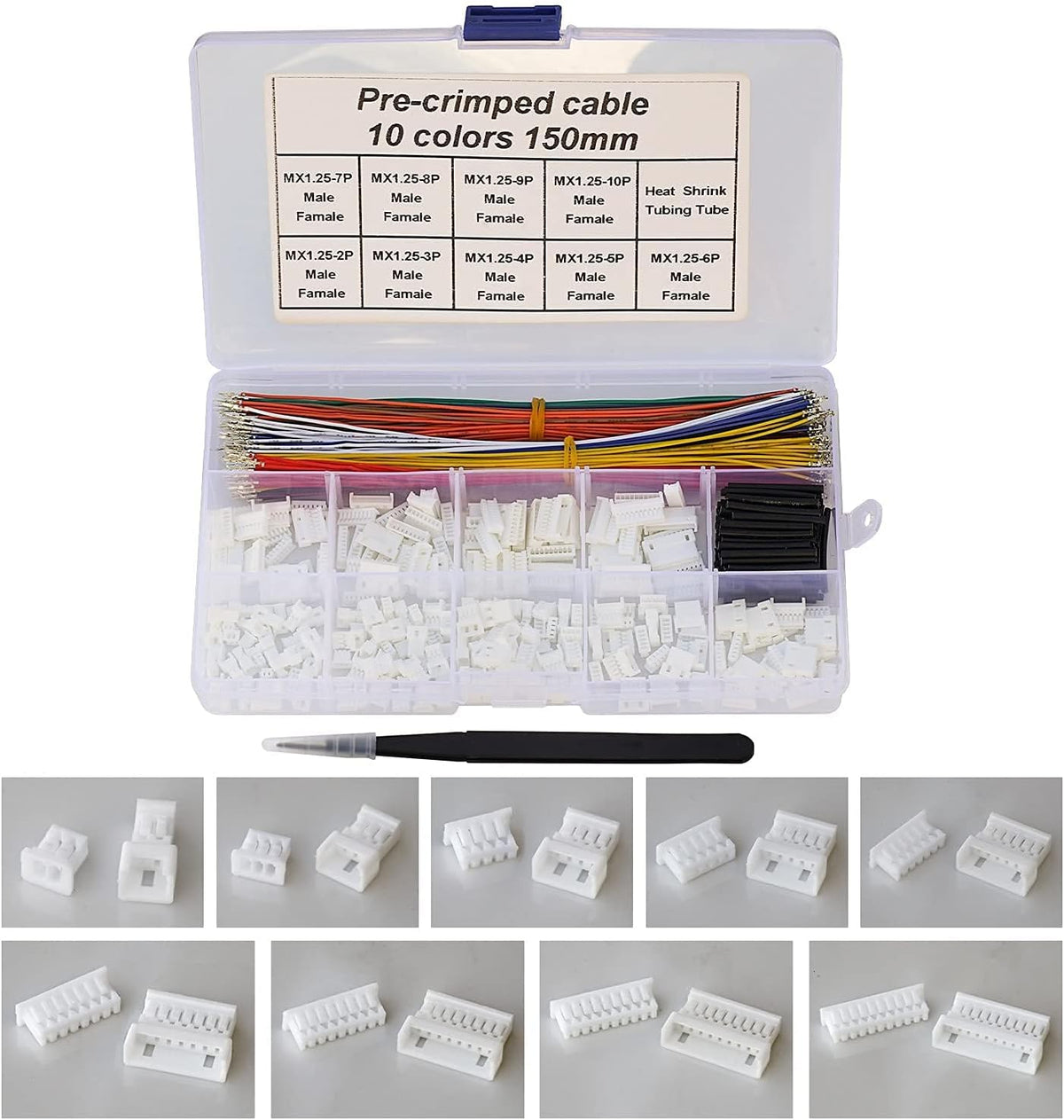 MX 1.25 Male Female Connector Kit with Pre-Crimped Cables, 240pcs Connectors and 200pcs 28AWG Cable S860