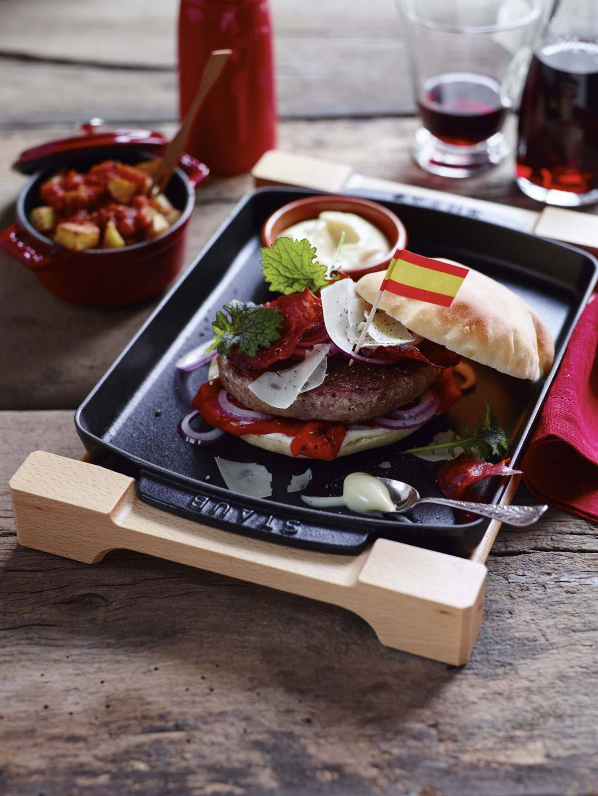 Matte Black Cast Iron Rectangular Serving Dish with Wood Base N7563