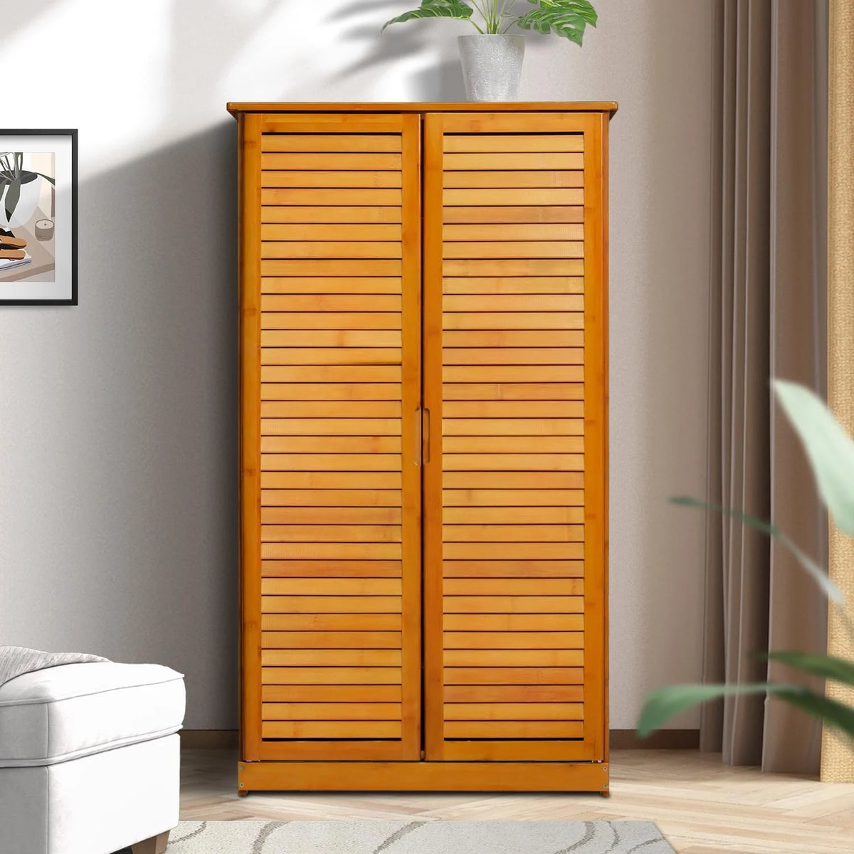 Tall Bamboo Shoe Storage Cabinet with Double Shutter Doors E395