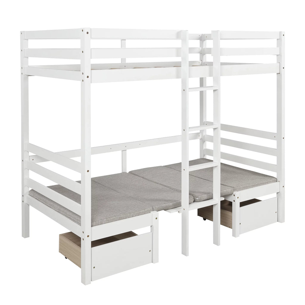 Twin Size Loft Bed with Desk, Seat and Two Storage Drawer, White T3883