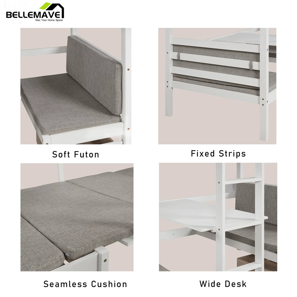 Twin Size Loft Bed with Desk, Seat and Two Storage Drawer, White T3883