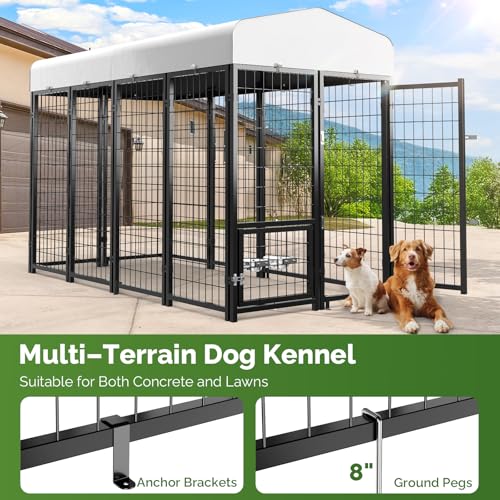 Outdoor Dog Kennel with Doggy Door, Swivel Feeder & Roof, 8x4x6 Large Heavy Duty Cage Enclosure P124058
