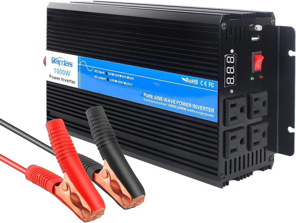 1000W Pure Sine Wave Power Inverter DC 12V to AC 110V with 4 AC Outlets and 1 USB Port T21906