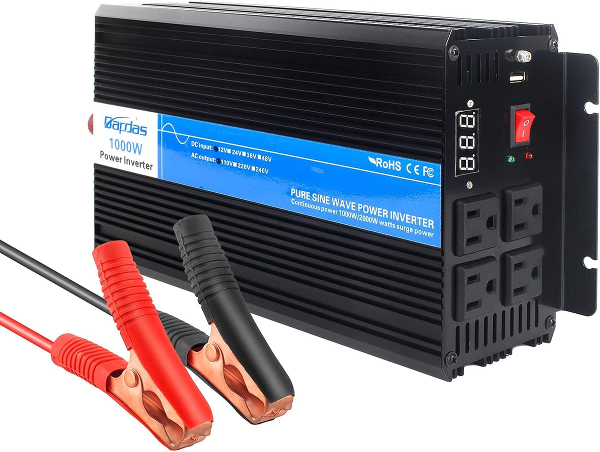1000W Pure Sine Wave Power Inverter DC 12V to AC 110V with 4 AC Outlets and 1 USB Port T21906