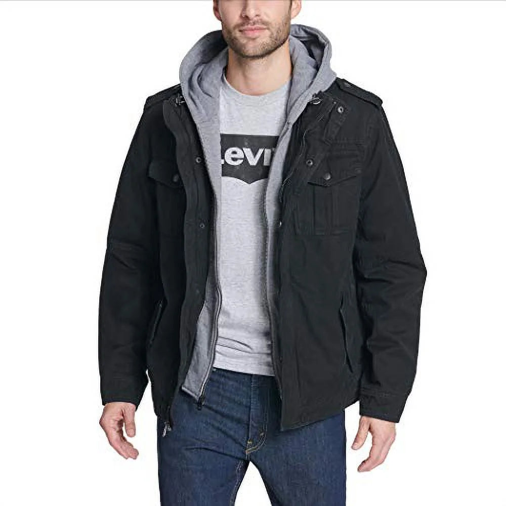 Black Washed Cotton Military Jacket with Removable Hood Q703