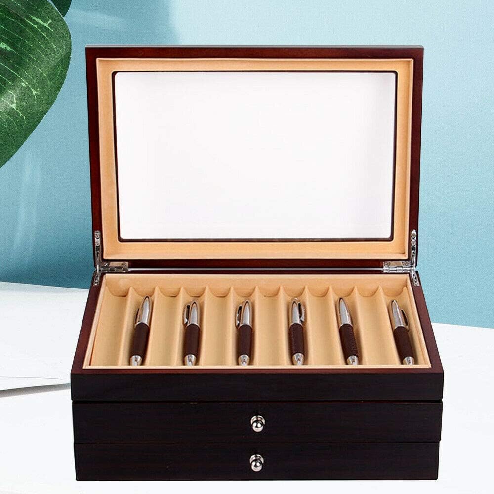 Red Pack of 2 Wood Flannel Pen Storage Organizer Box with Glass Lid J752871