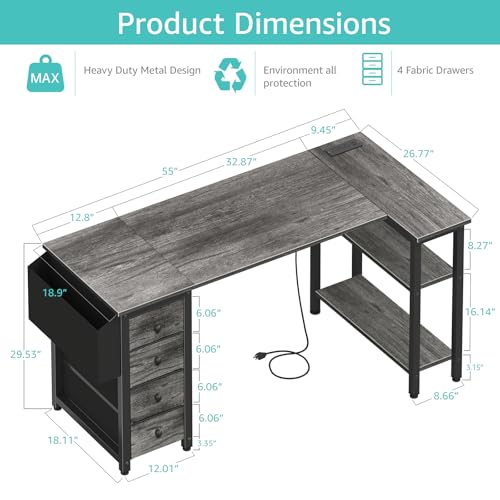 Black L Shaped Gaming Desk with Drawers & Storage Shelves, 47 Inch, Power Outlet T93844