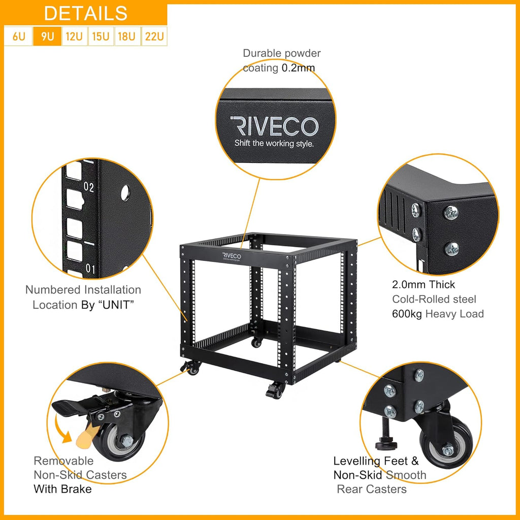 9U Open Frame Server Rack with Casters Black A8029