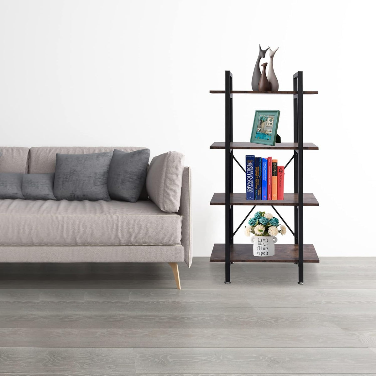 Industrial Bookshelf, 4 Tier Open Shelf Bookcase, Rustic Brown F85779