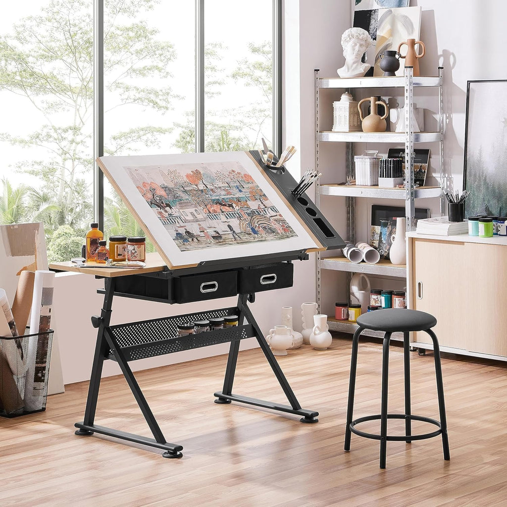 Height Adjustable Drafting Table with Tilting Tabletop and Storage Drawers G541