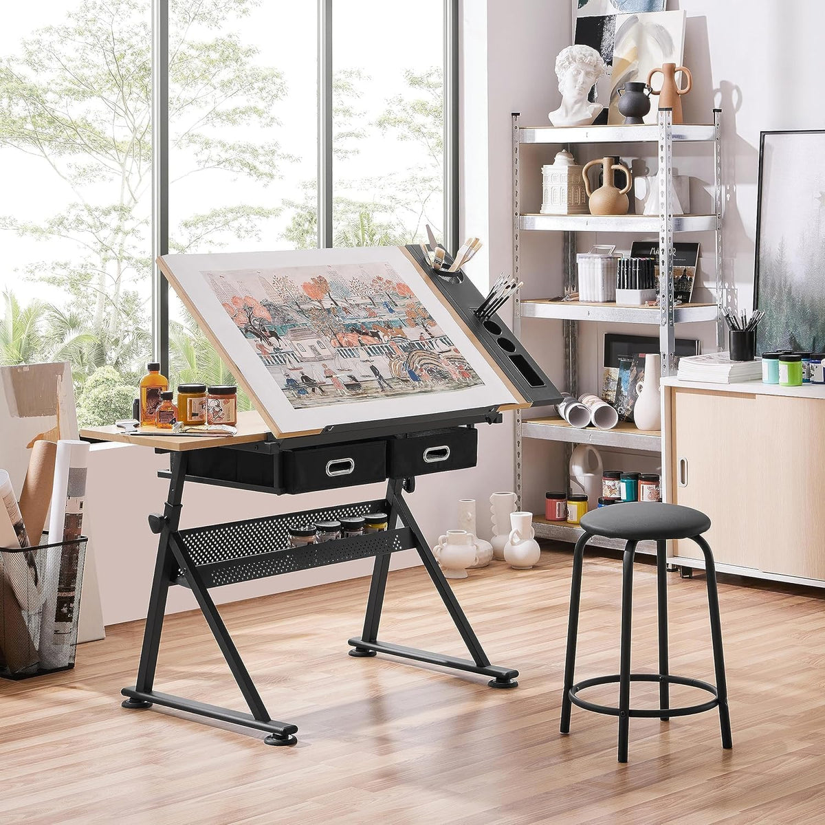 Height Adjustable Drafting Table with Tilting Tabletop and Storage Drawers G541