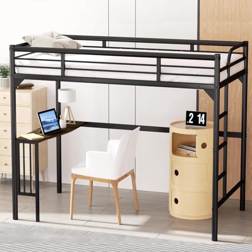 Black Metal Loft Bed Twin Size with Desk and Ladder O190