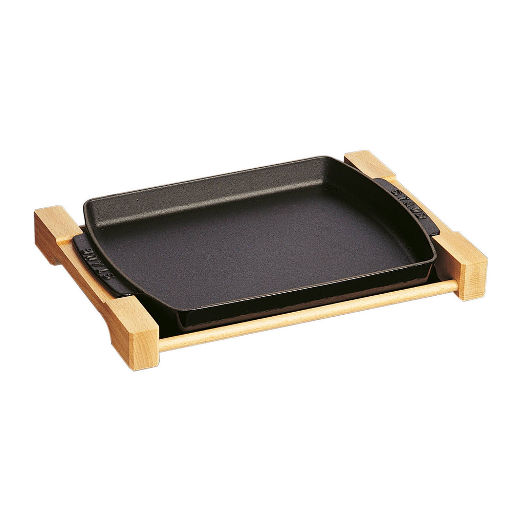 Matte Black Cast Iron Rectangular Serving Dish with Wood Base N7563