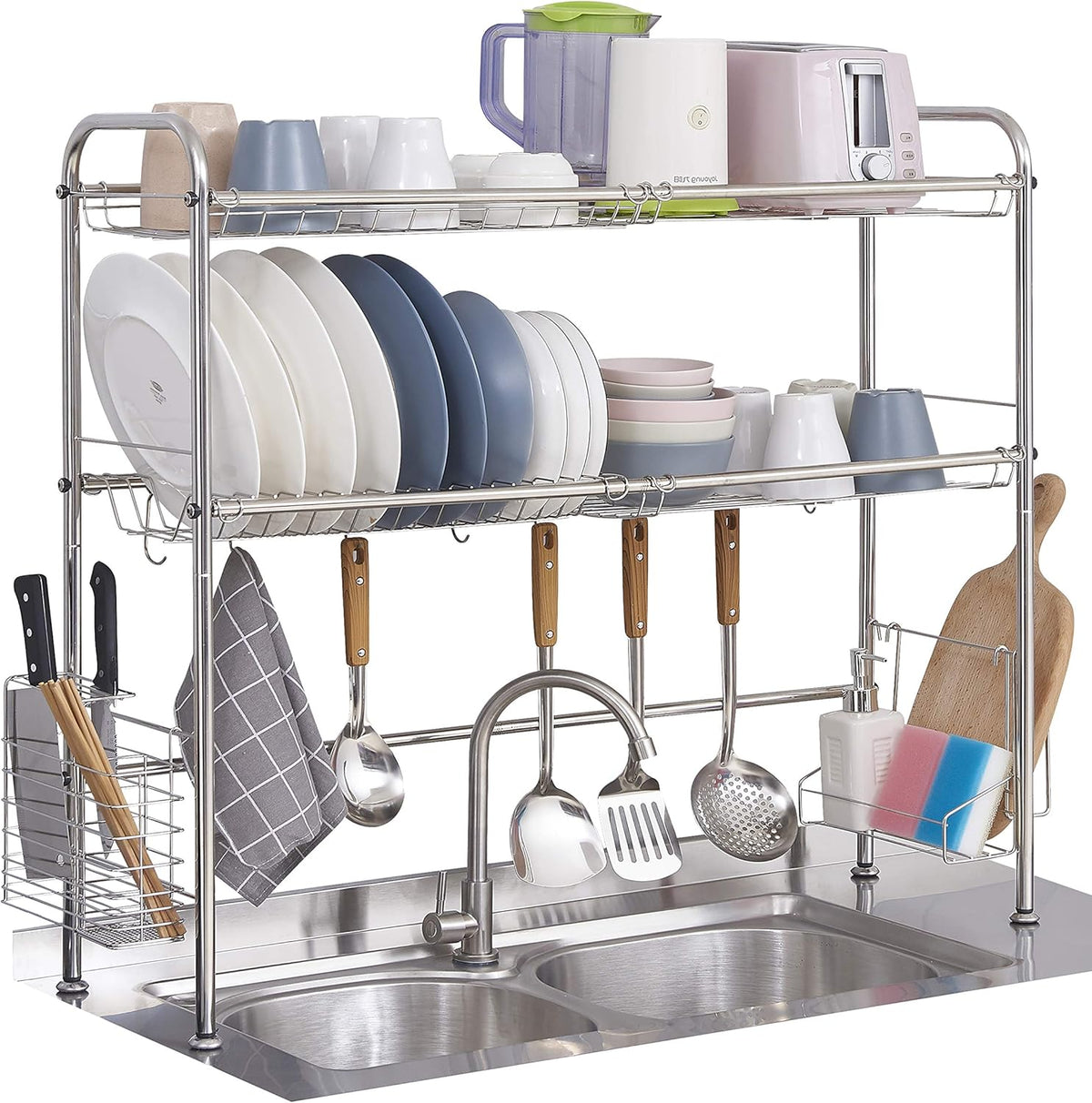 2-Tier Large Stainless Steel Dish Drying Rack with Utensil Holder Hooks I9950