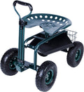Green Steerable Garden Stool Cart with Tool Tray and Storage Basket on Wheels V455