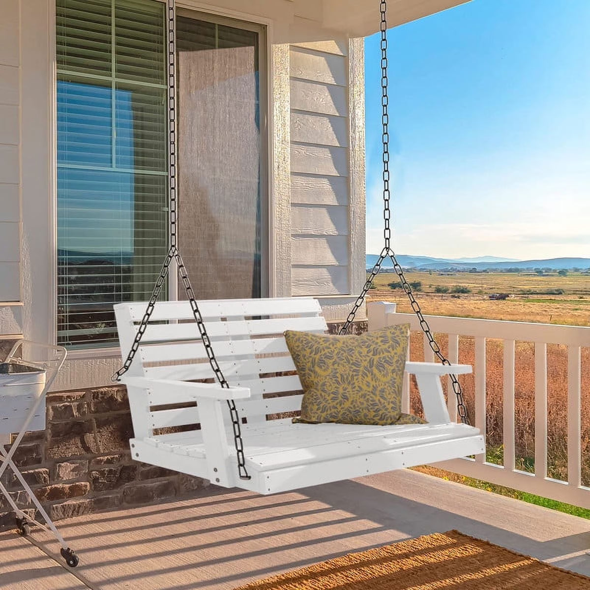 White 3 Person Plastic Hanging Porch Swing Bench Chair with Cup Holder C853227